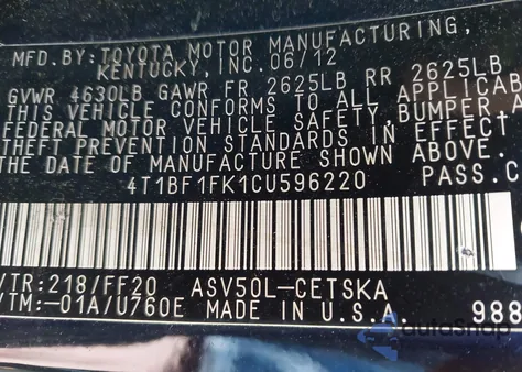 2012 Toyota Camry Se from USA, damaged, VIN 4T1BF1FK1CU596220